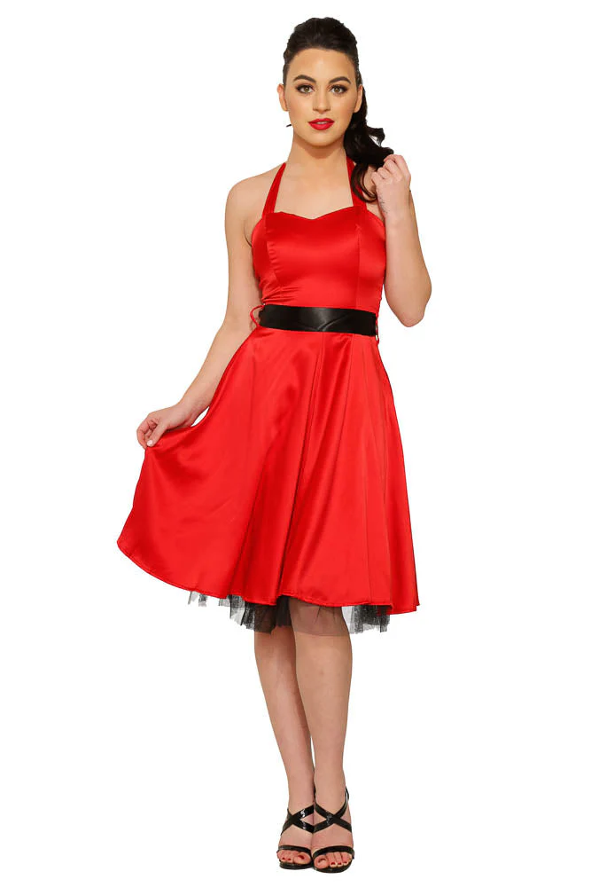Red Satin Halter Swing Dress - Image 2
