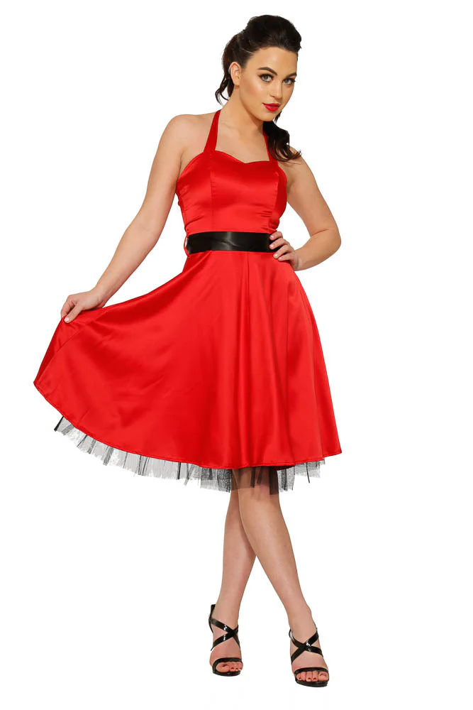 Red Satin Halter Swing Dress - Image 3