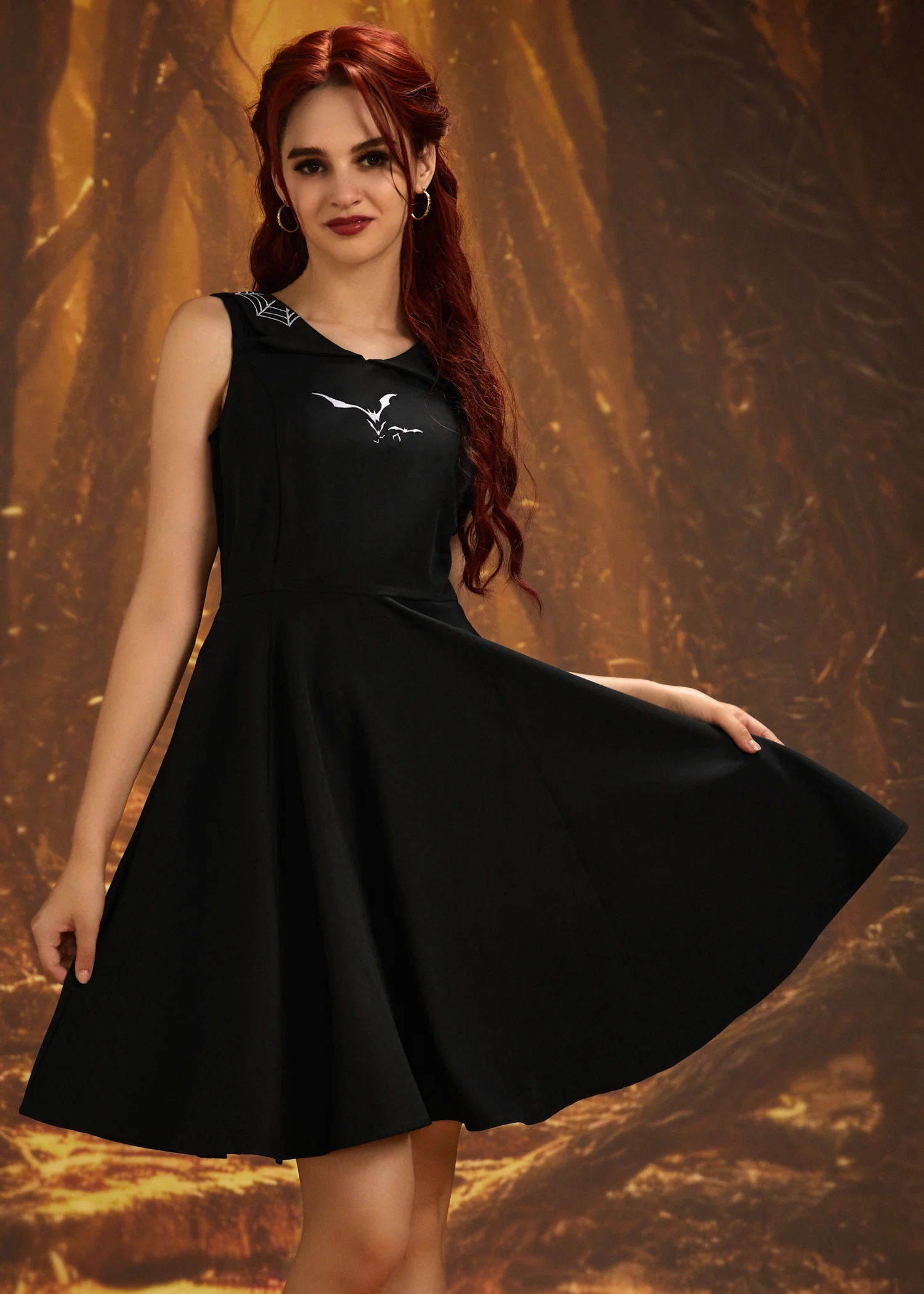 Black Bat Embroidered Swing Dress - Image 2