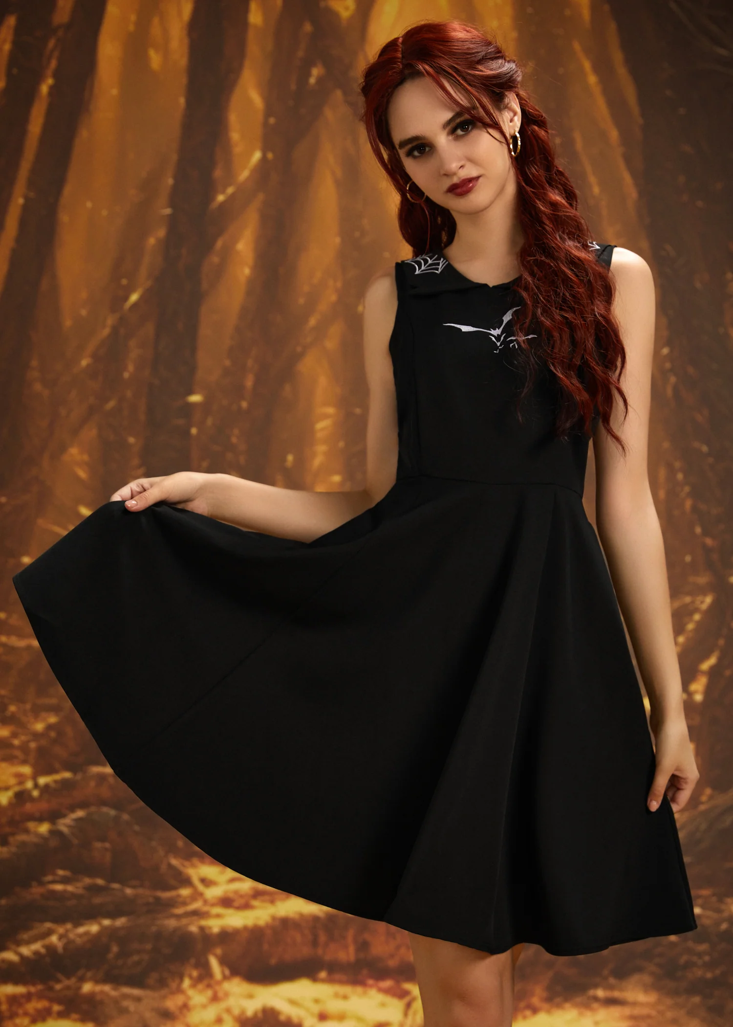 Black Bat Embroidered Swing Dress - Image 3