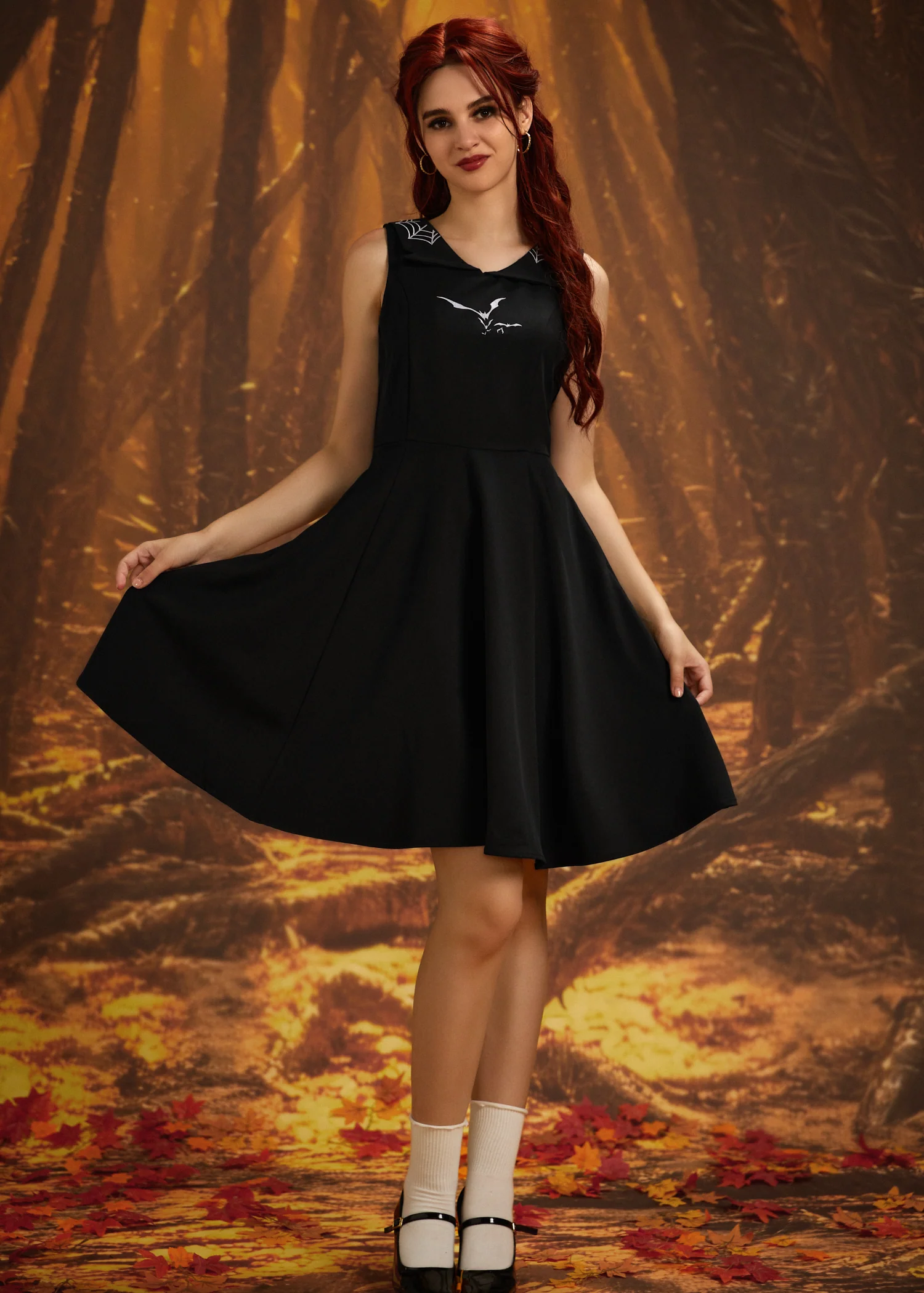 Black Bat Embroidered Swing Dress - Image 4