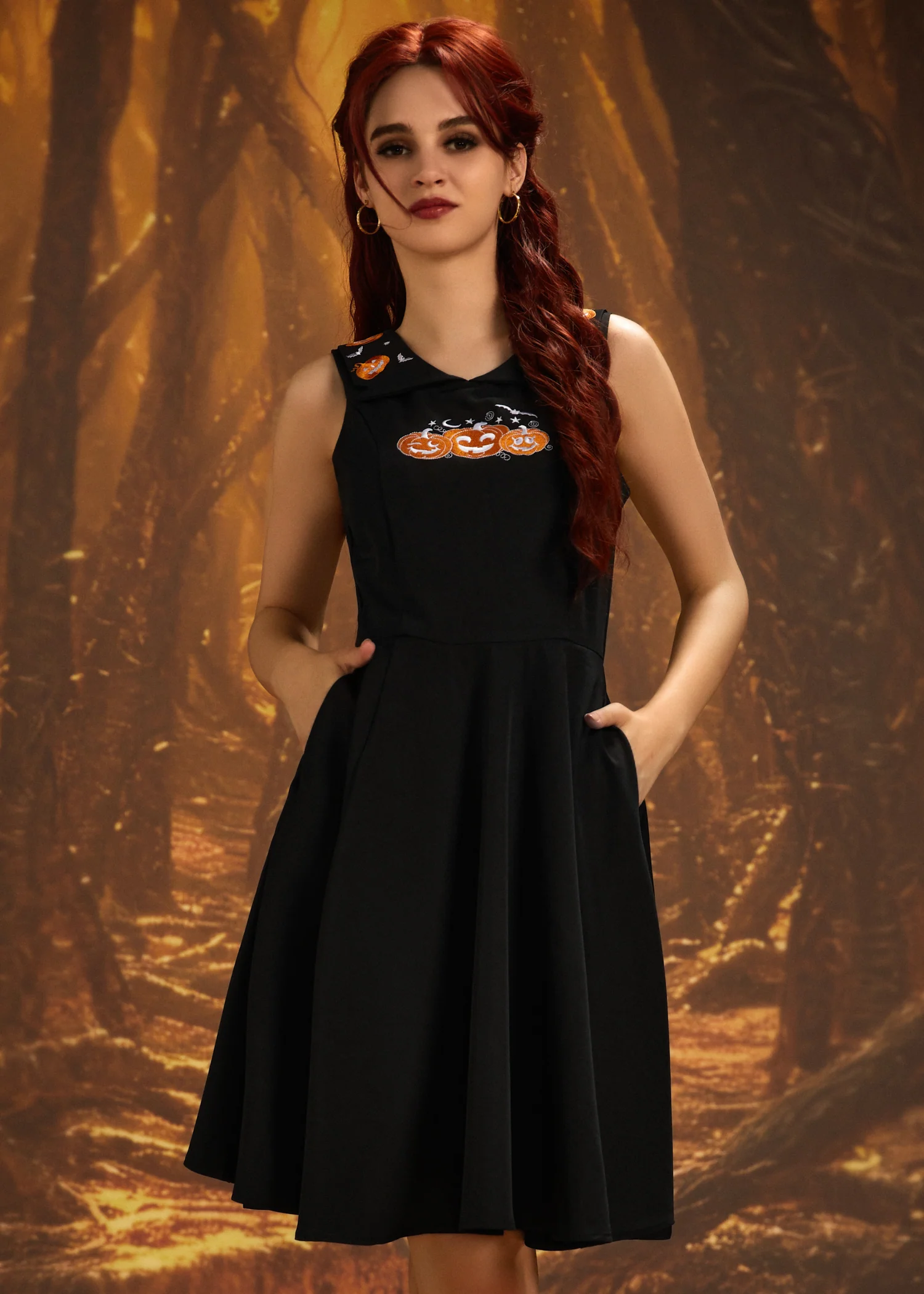 Halloween Pumpkin Embroidery Swing Dress - Image 2