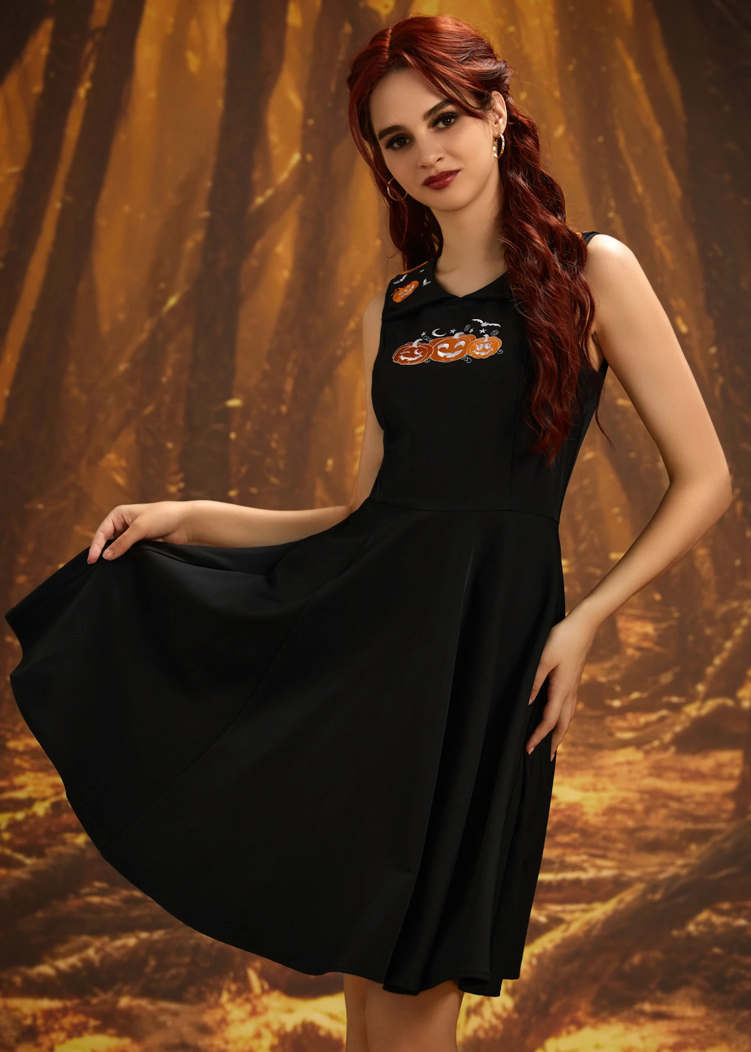 Halloween Pumpkin Embroidery Swing Dress - Image 3