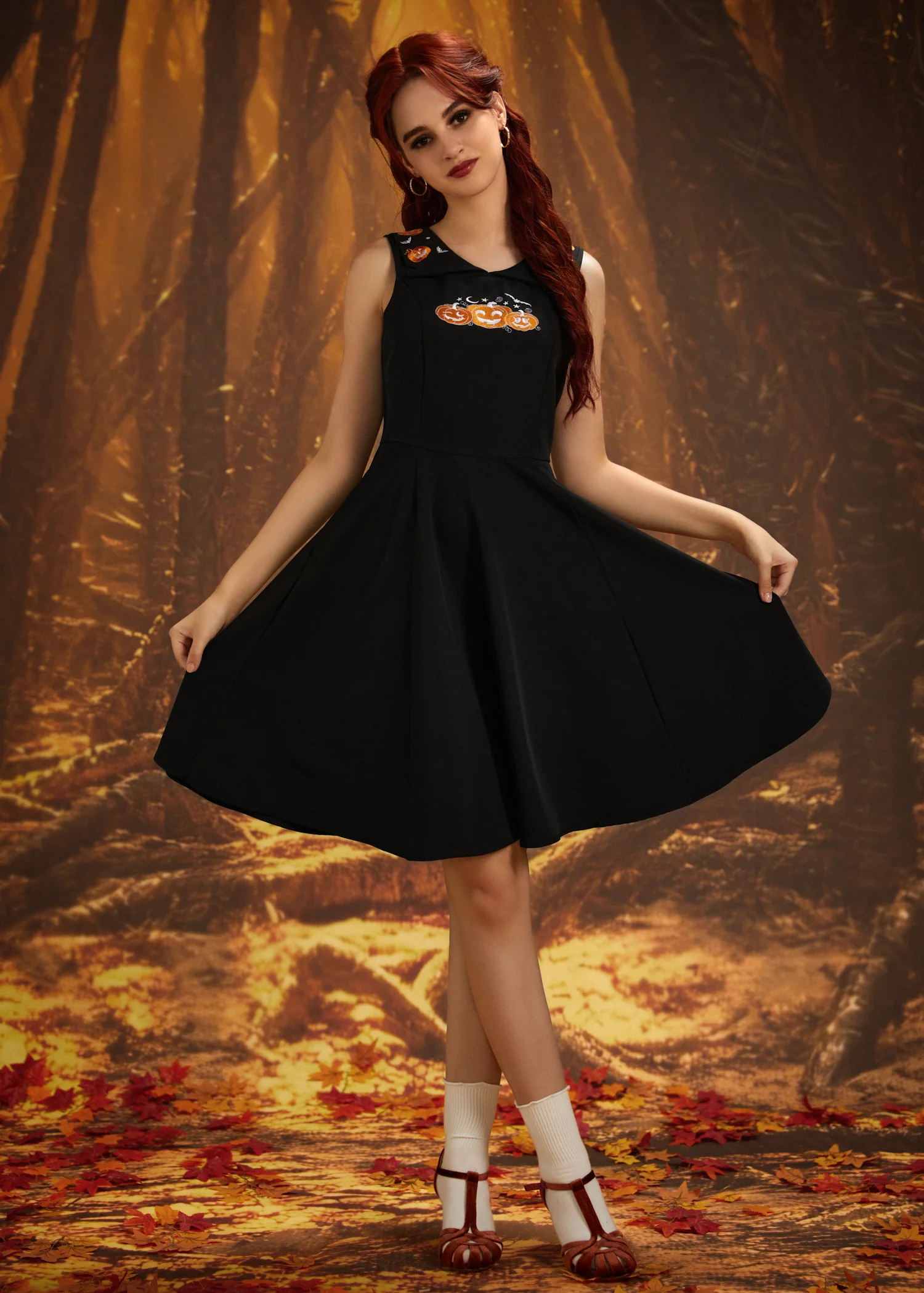 Halloween Pumpkin Embroidery Swing Dress - Image 4
