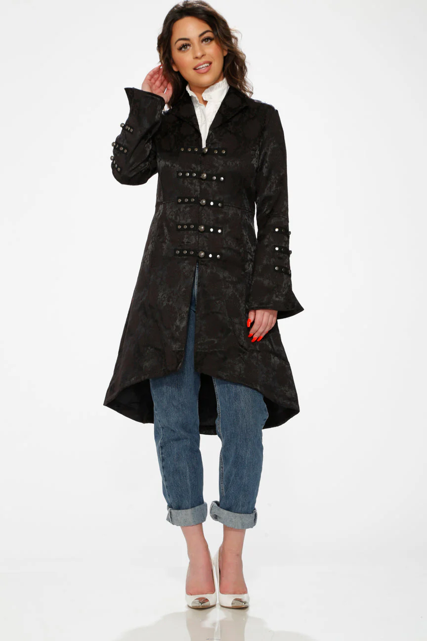 Black Brocade High-low Coat - Image 3