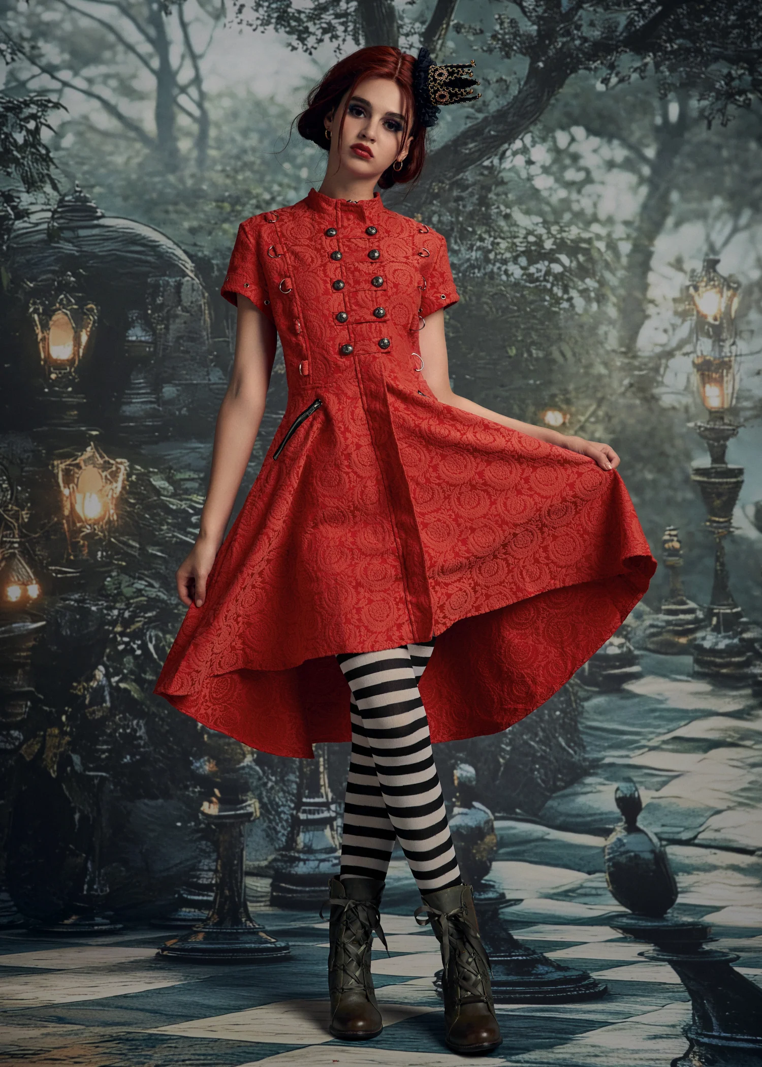 Red Jacquard Battalion Swing Dress - Image 10