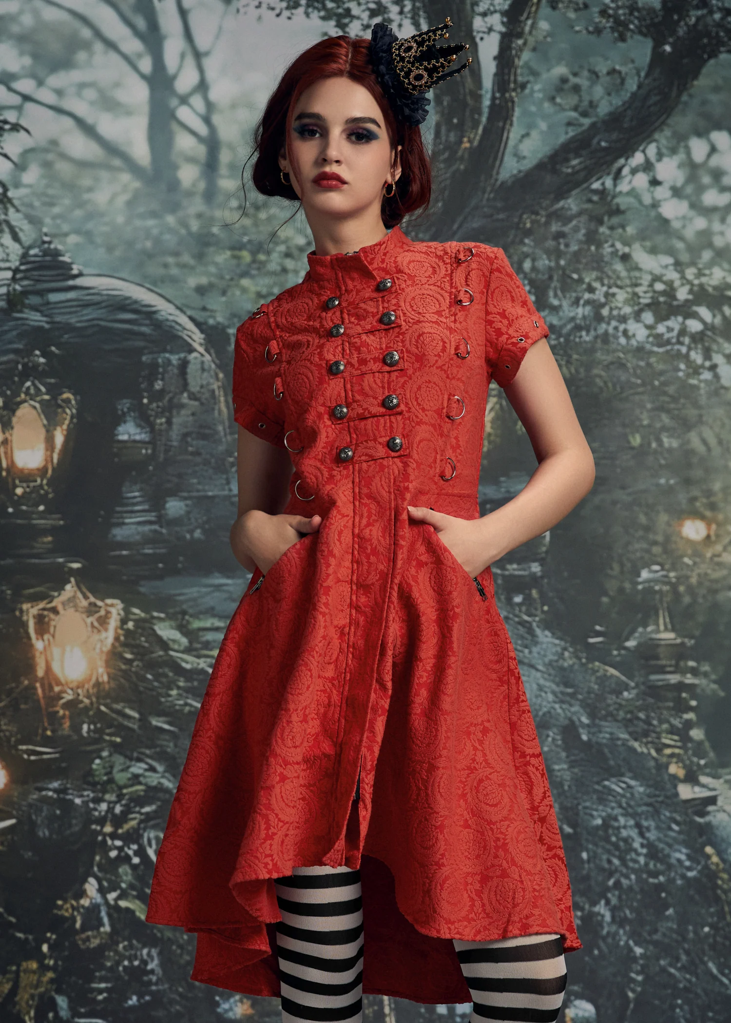 Red Jacquard Battalion Swing Dress - Image 11