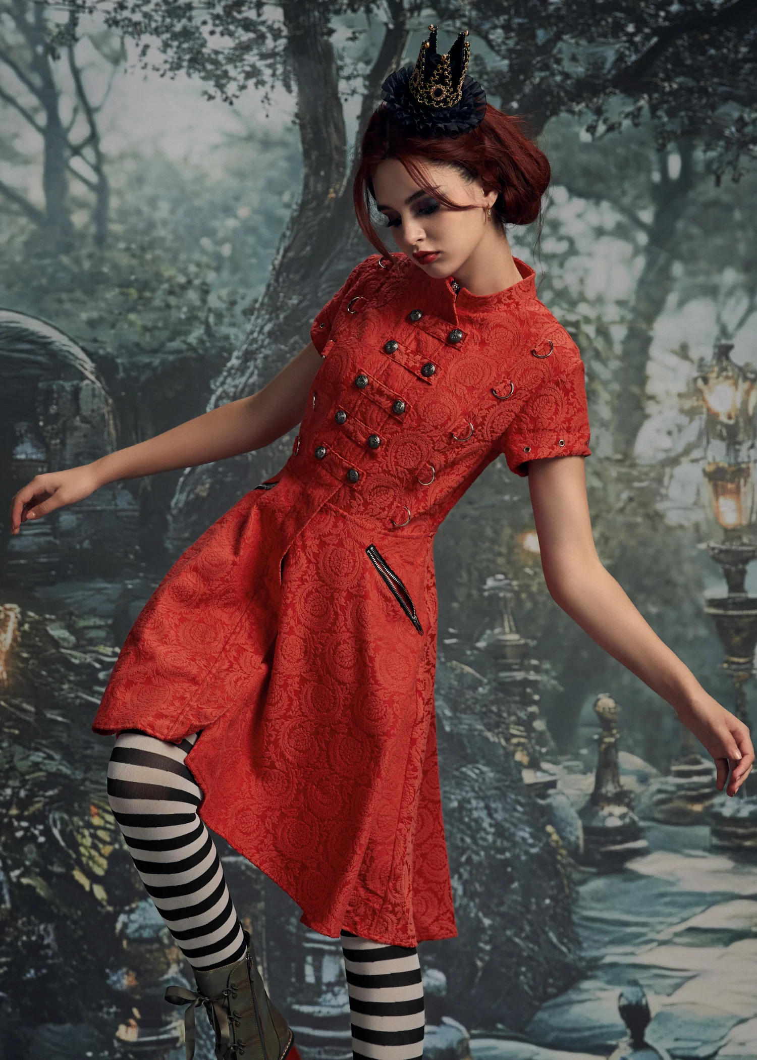 Red Jacquard Battalion Swing Dress - Image 12