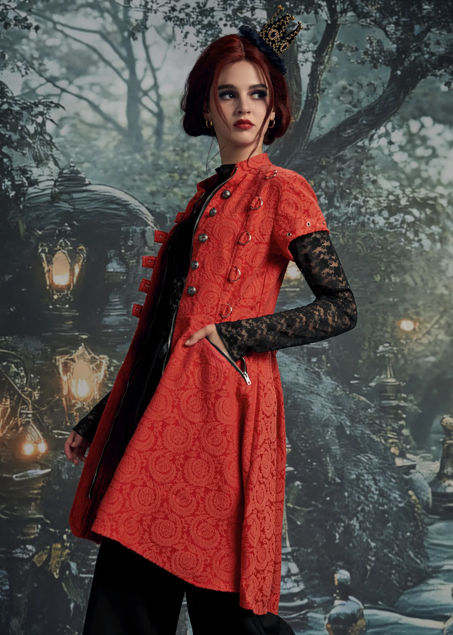 Red Jacquard Battalion Swing Dress - Image 13