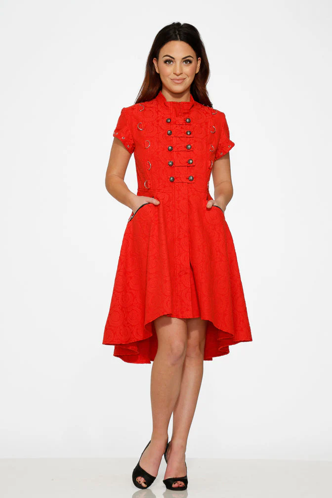 Red Jacquard Battalion Swing Dress - Image 14