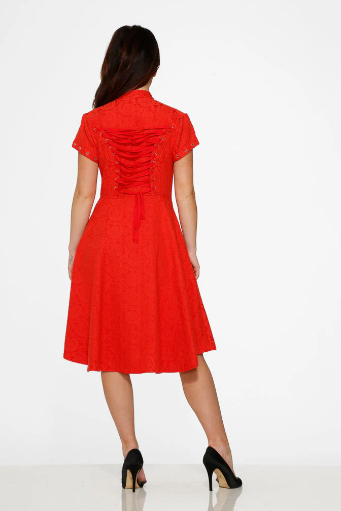 Red Jacquard Battalion Swing Dress - Image 15