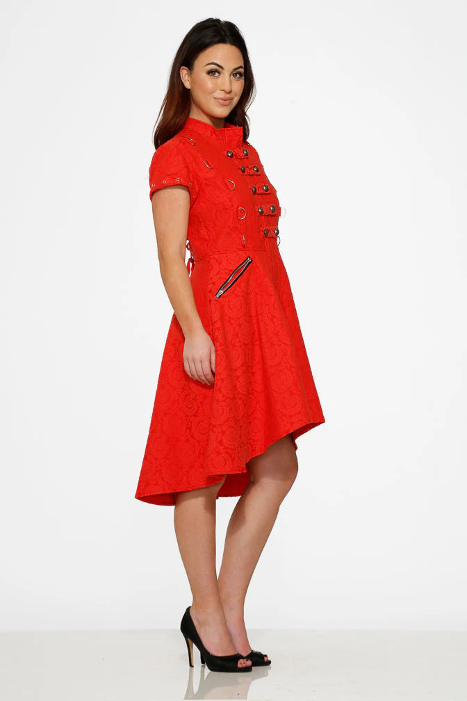 Red Jacquard Battalion Swing Dress - Image 17