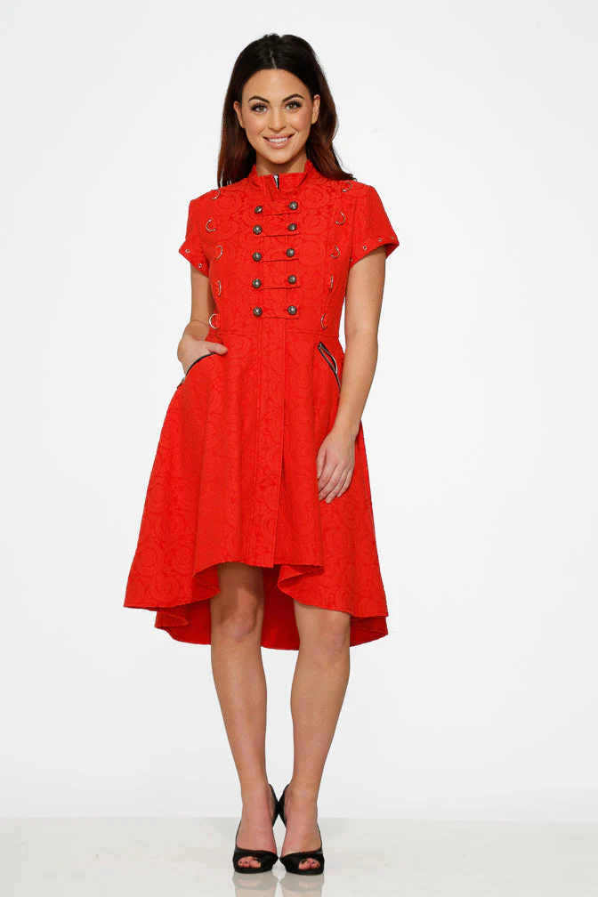 Red Jacquard Battalion Swing Dress - Image 18