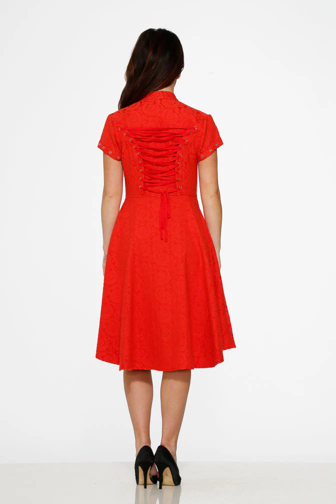 Red Jacquard Battalion Swing Dress - Image 19