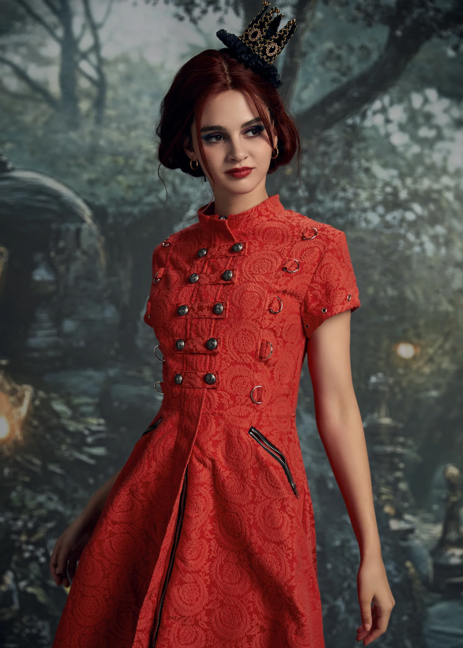 Red Jacquard Battalion Swing Dress - Image 3