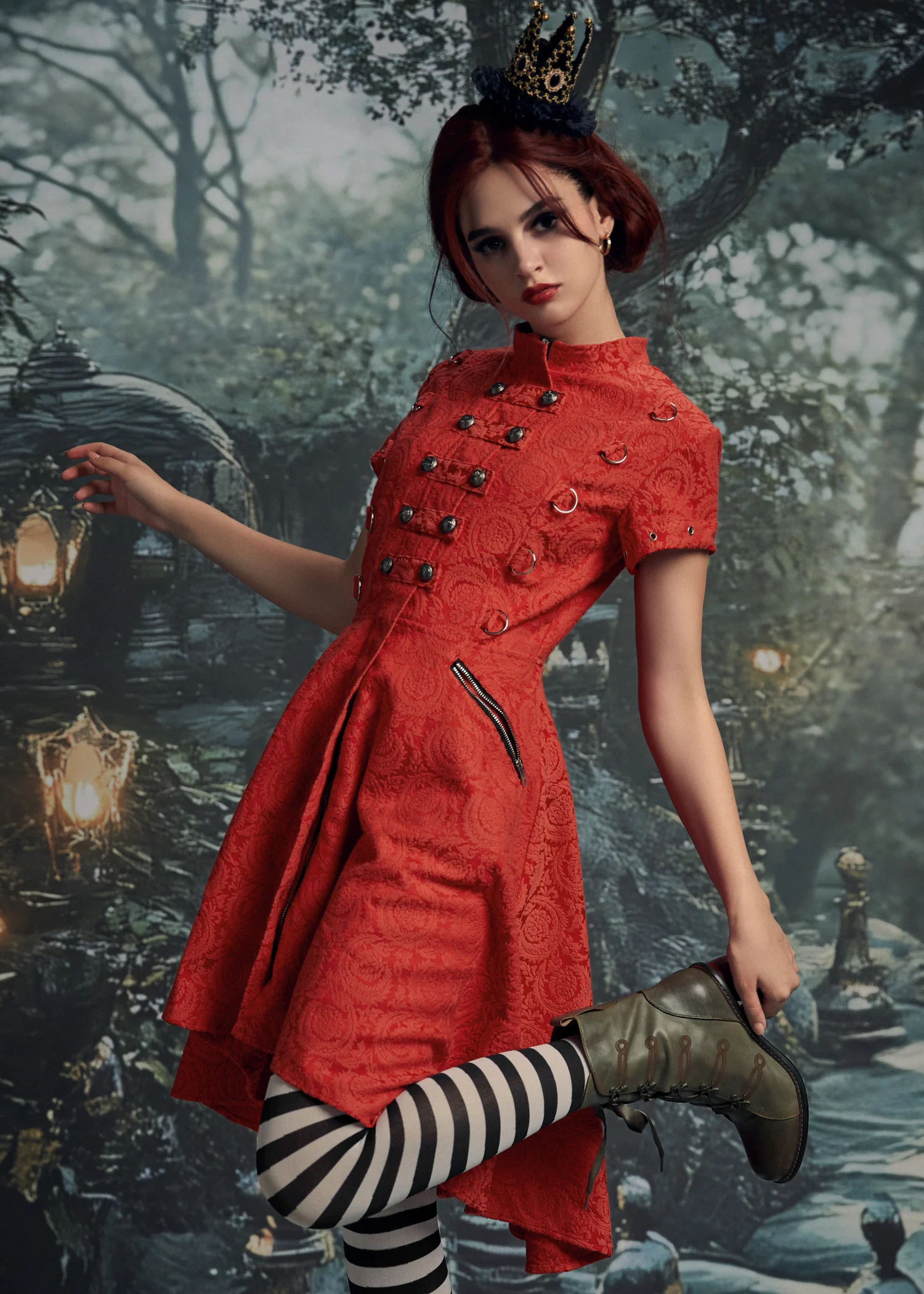 Red Jacquard Battalion Swing Dress - Image 4