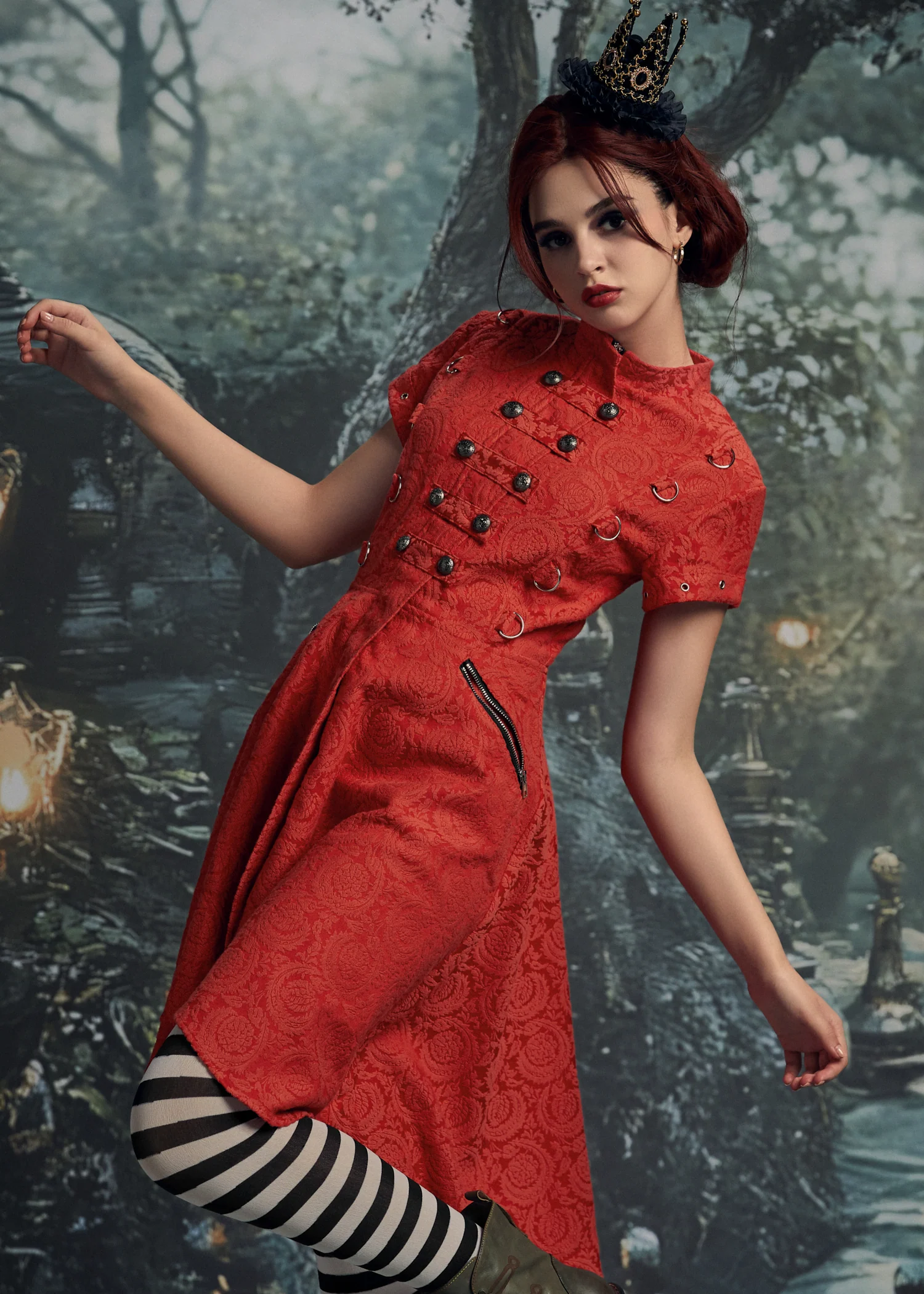 Red Jacquard Battalion Swing Dress - Image 5