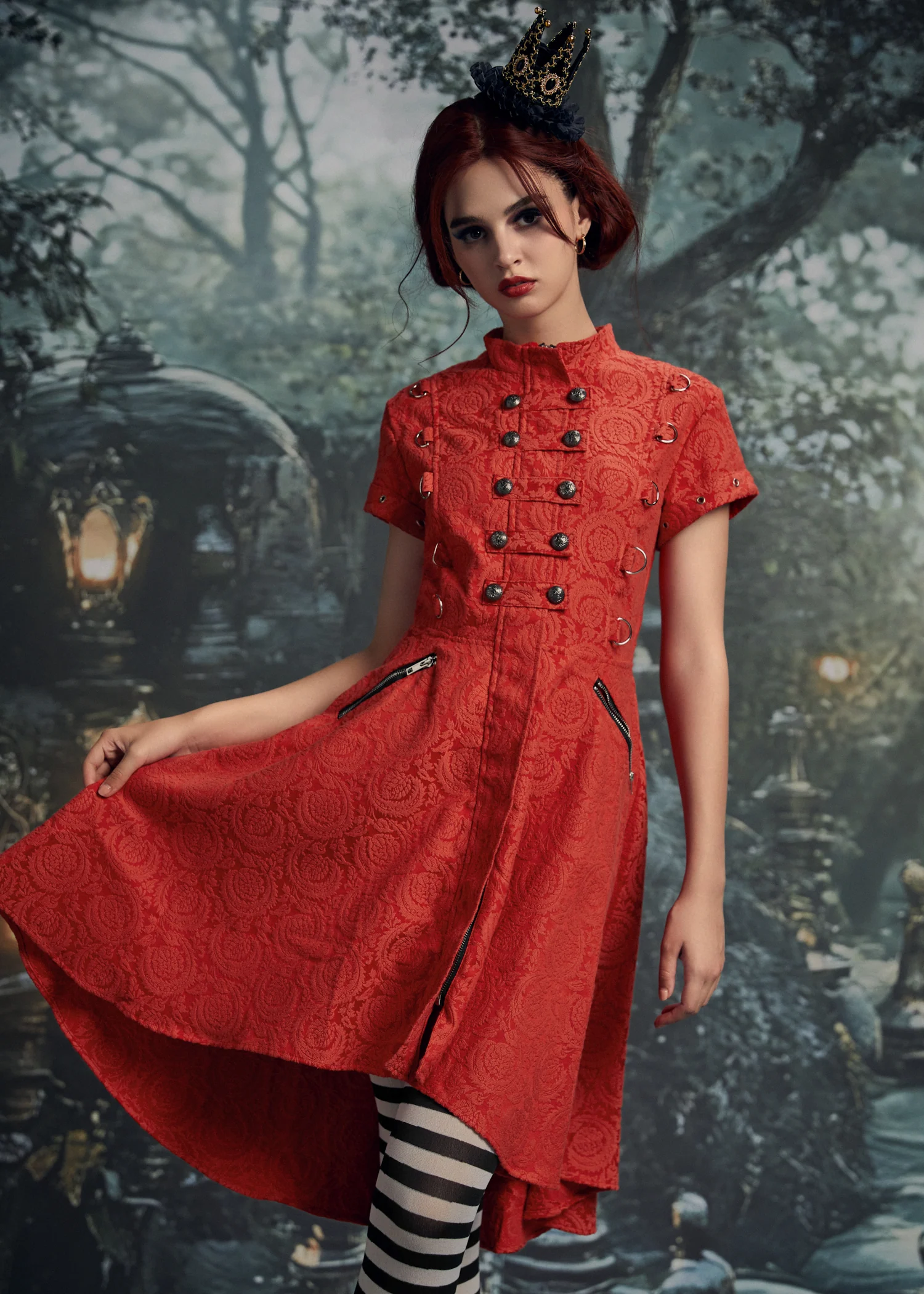 Red Jacquard Battalion Swing Dress - Image 6