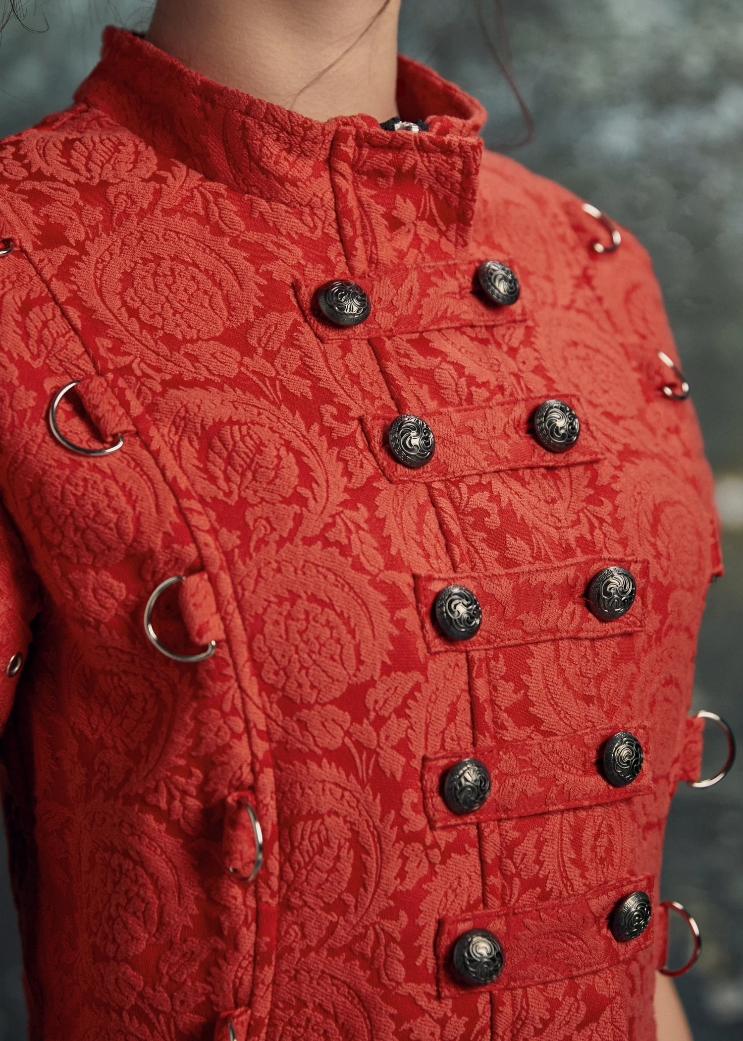 Red Jacquard Battalion Swing Dress - Image 7