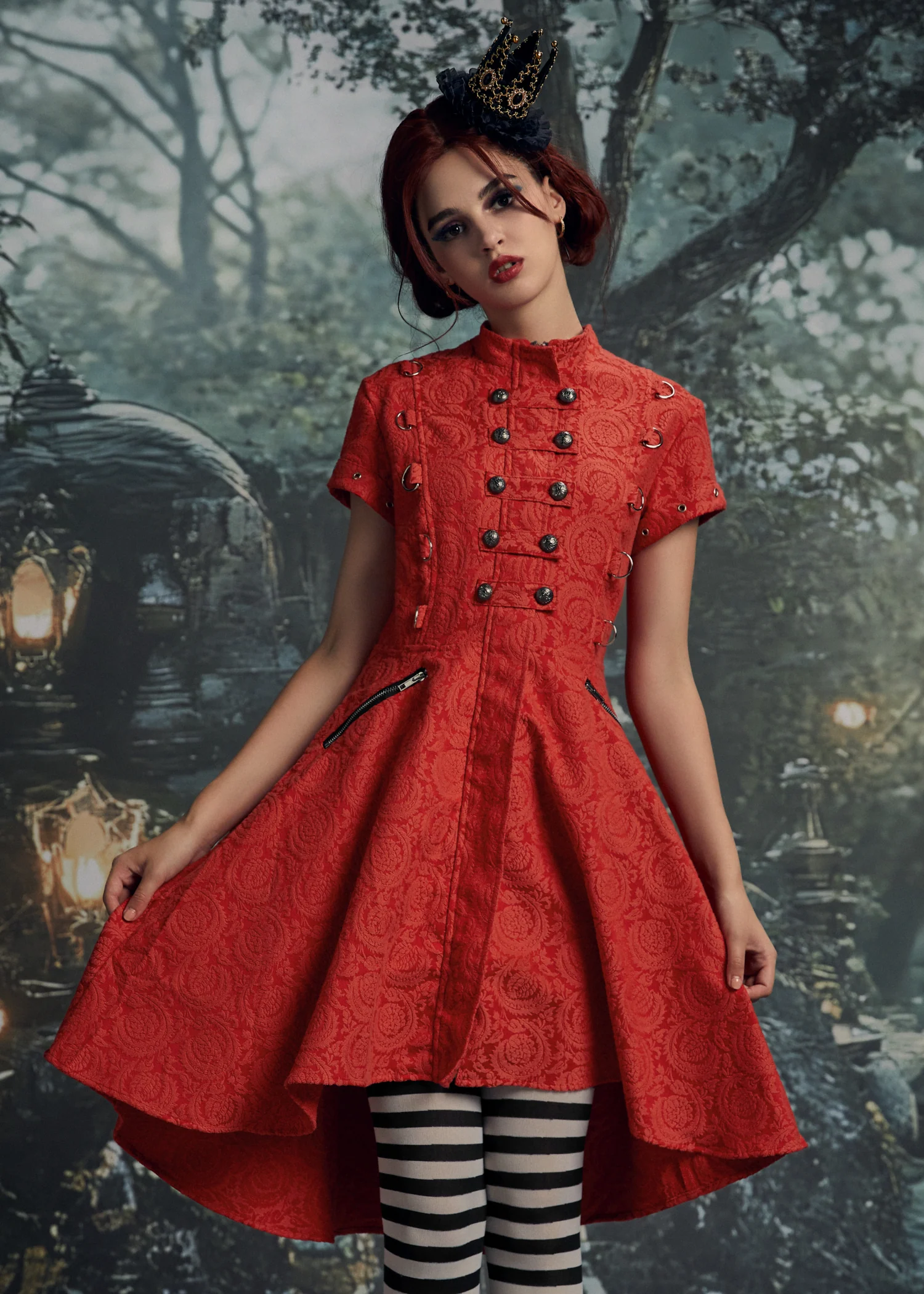 Red Jacquard Battalion Swing Dress - Image 9