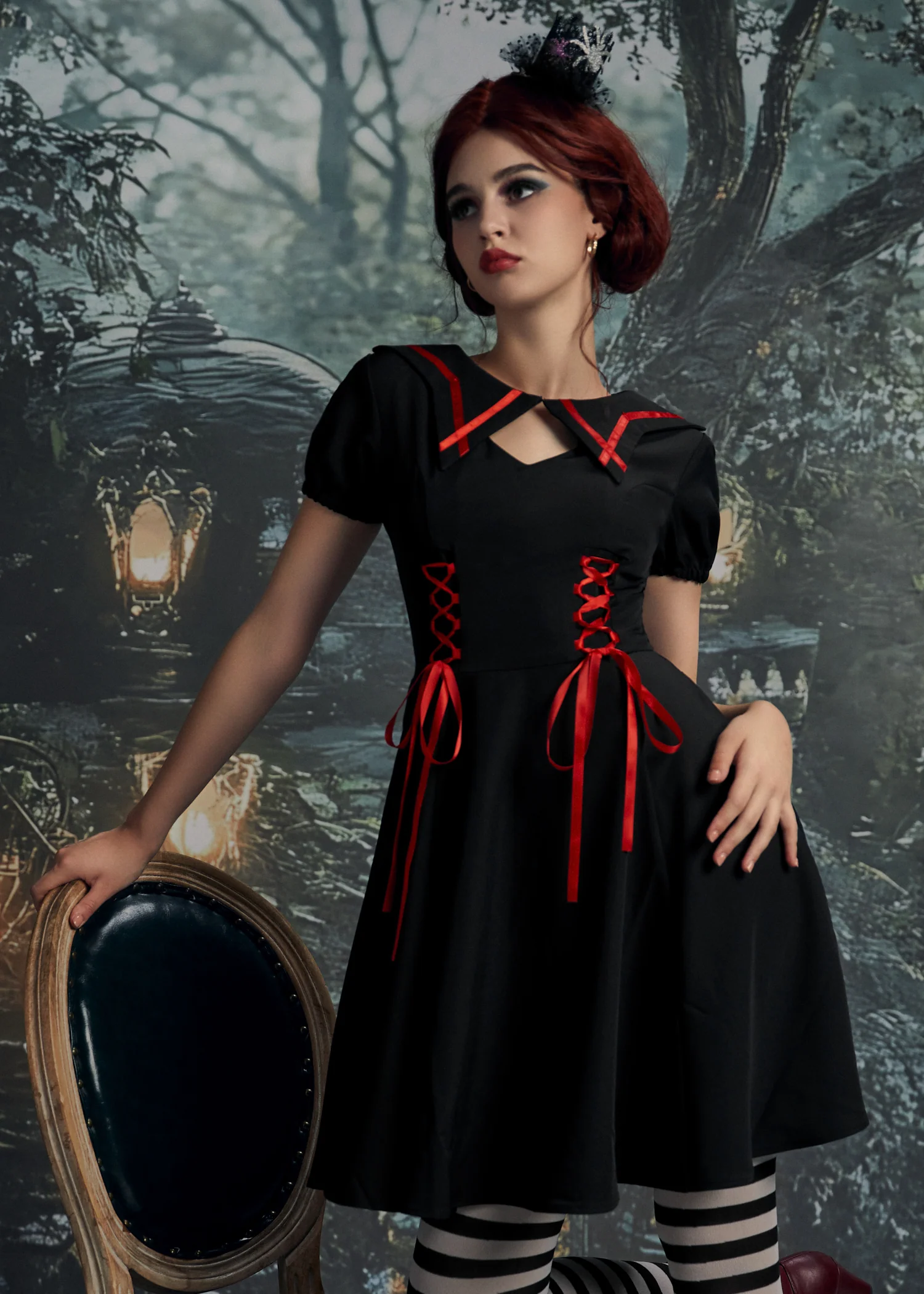 Black & Red Trim Gothic Swing Dress - Image 10