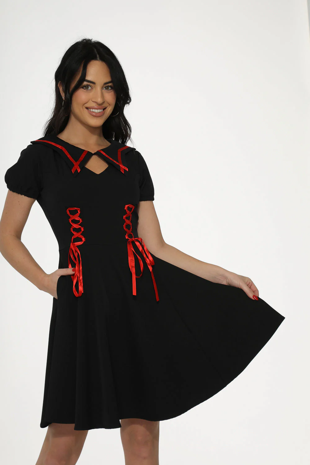 Black & Red Trim Gothic Swing Dress - Image 17