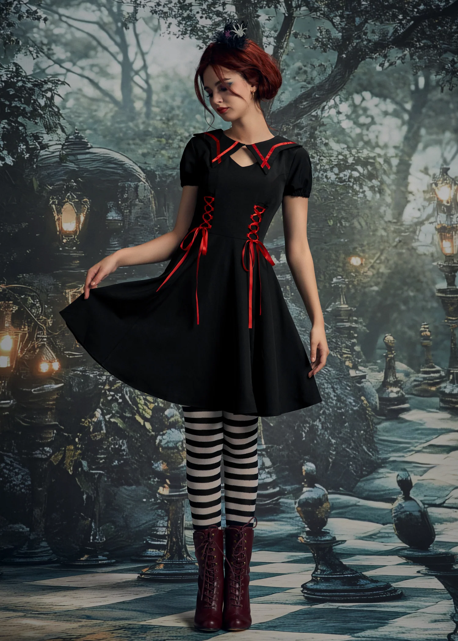 Black & Red Trim Gothic Swing Dress - Image 3