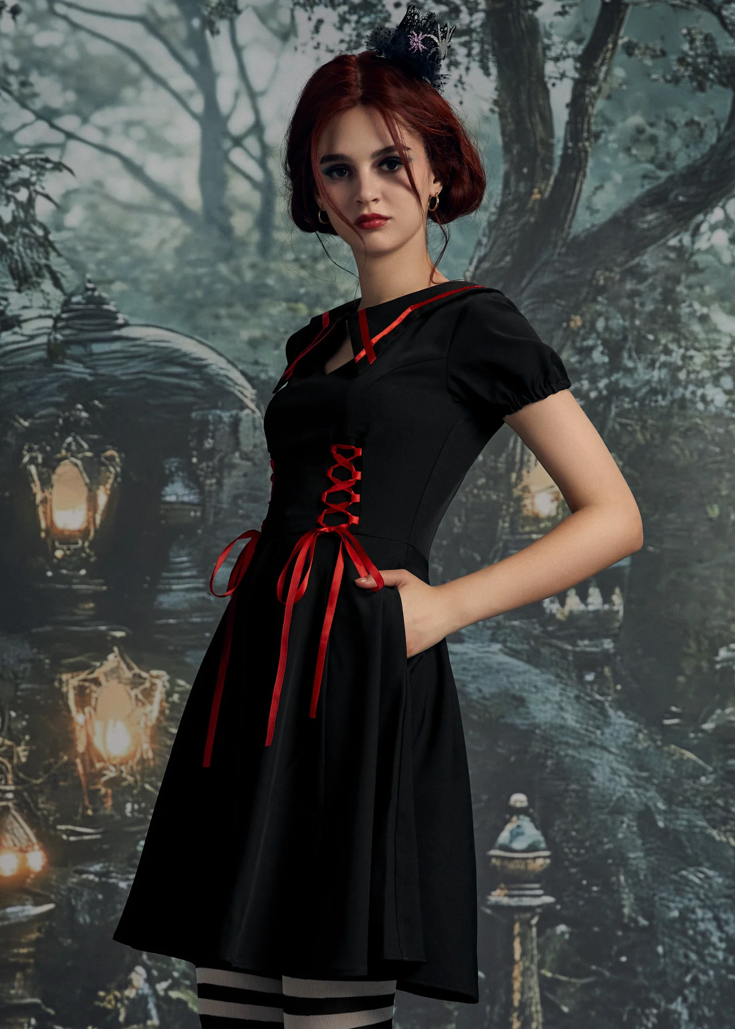 Black & Red Trim Gothic Swing Dress - Image 4