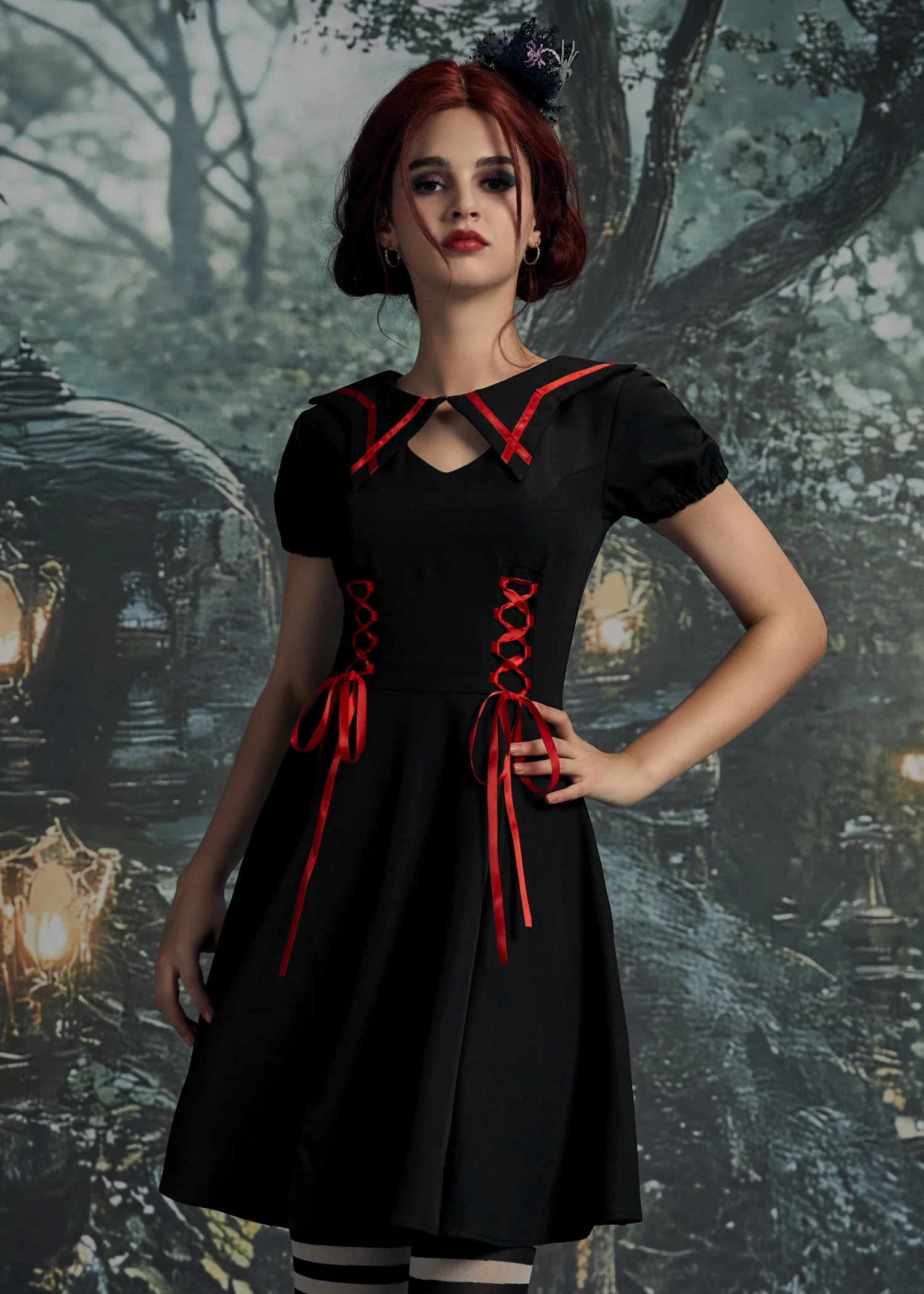 Black & Red Trim Gothic Swing Dress - Image 5
