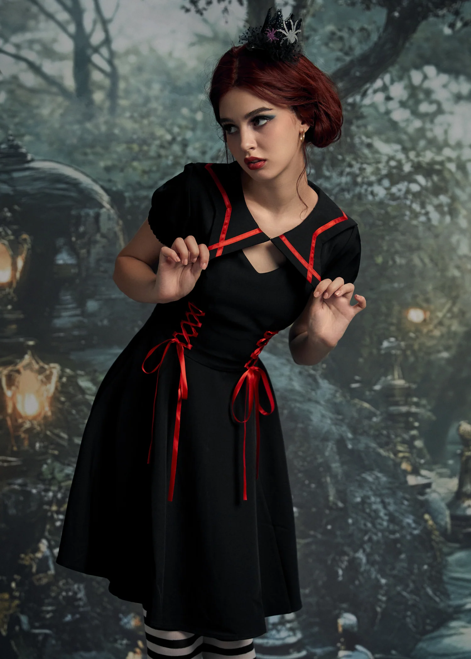 Black & Red Trim Gothic Swing Dress - Image 6