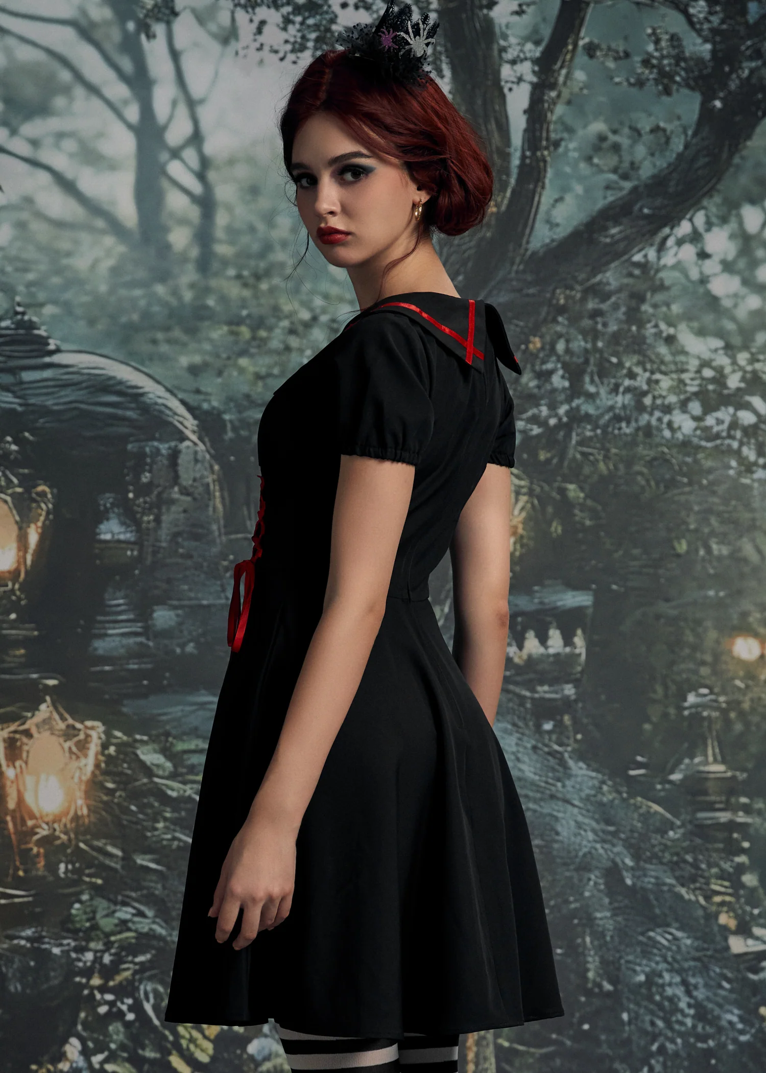 Black & Red Trim Gothic Swing Dress - Image 8