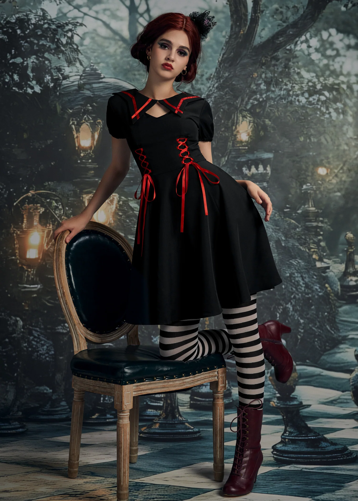 Black & Red Trim Gothic Swing Dress - Image 9