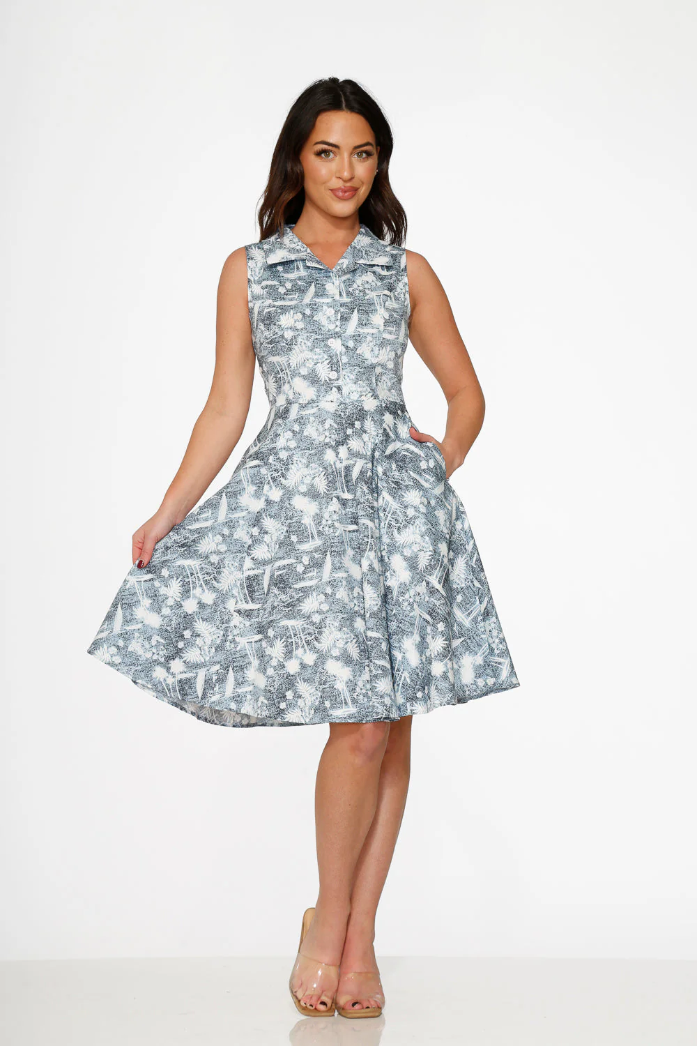 Blue Hawaiian Palm Tree Print Swing Dress - Image 3