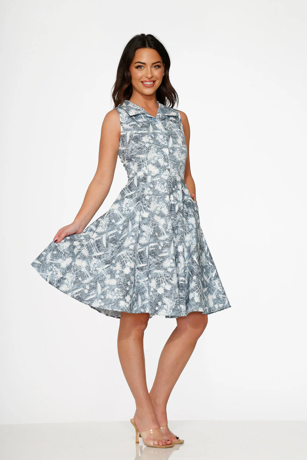 Blue Hawaiian Palm Tree Print Swing Dress - Image 4