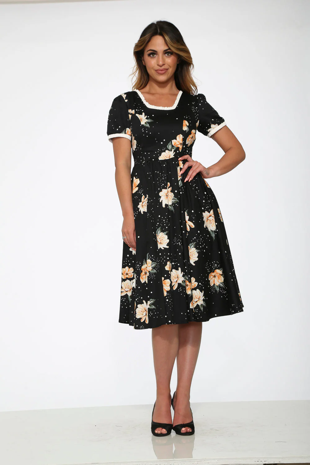 Black & Yellow Floral Swing Dress - Image 4