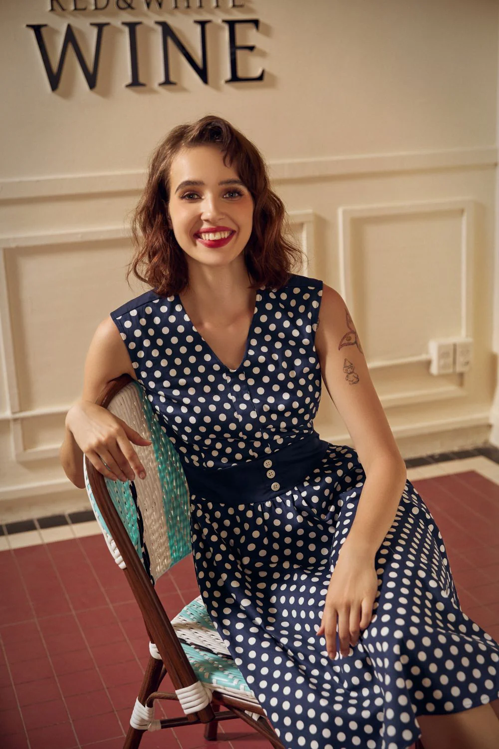 Navy Blue White Polka Dot Swing Dress - Image 2