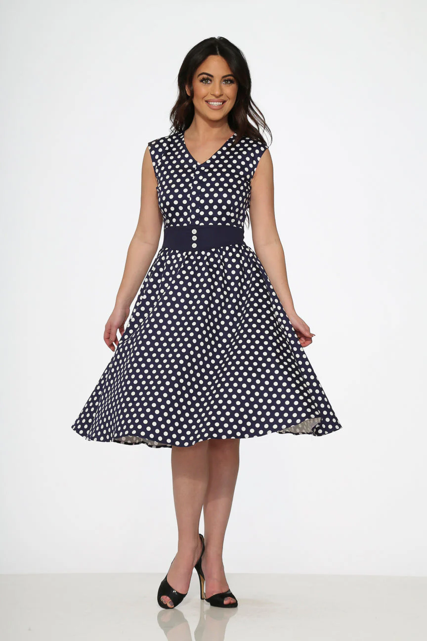 Navy Blue White Polka Dot Swing Dress - Image 3