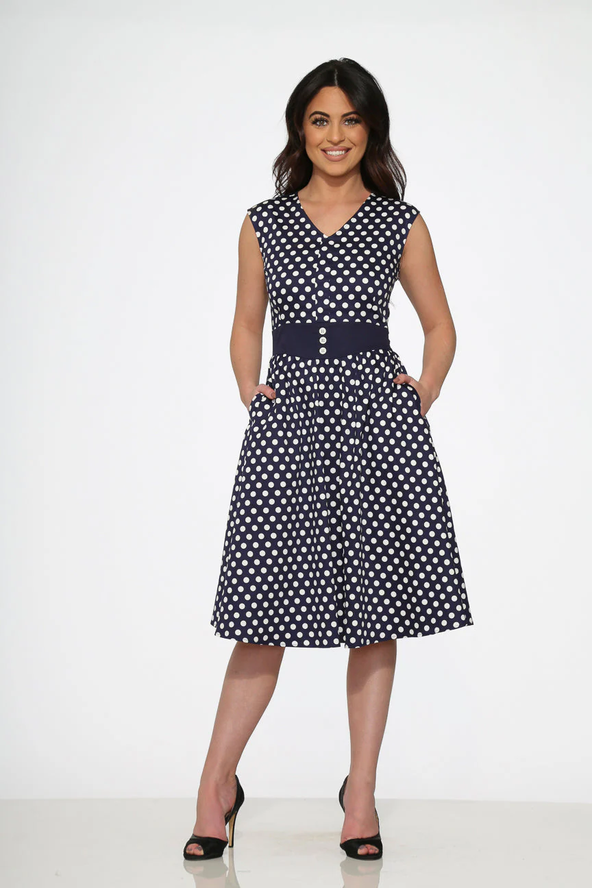 Navy Blue White Polka Dot Swing Dress - Image 4