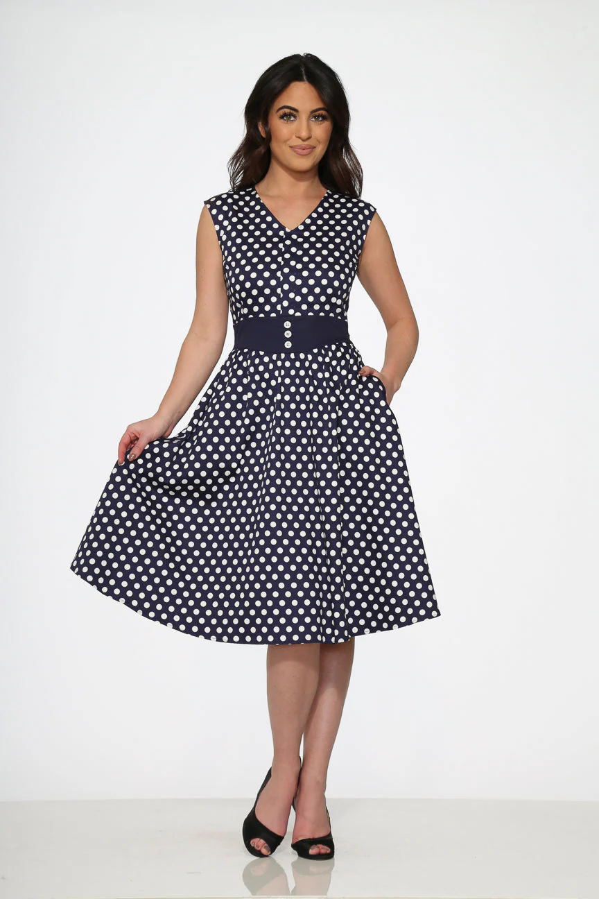 Navy Blue White Polka Dot Swing Dress - Image 5