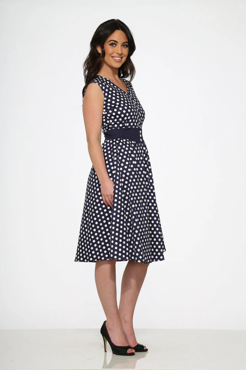 Navy Blue White Polka Dot Swing Dress - Image 6