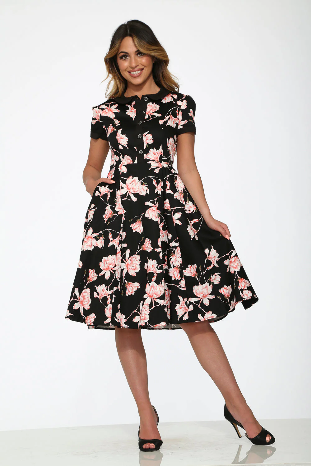 Black & Pink Floral Swing Dress - Image 4