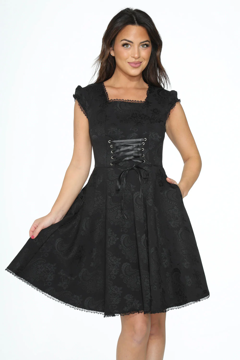 Black Brocade Gothic Swing Dress - Image 6