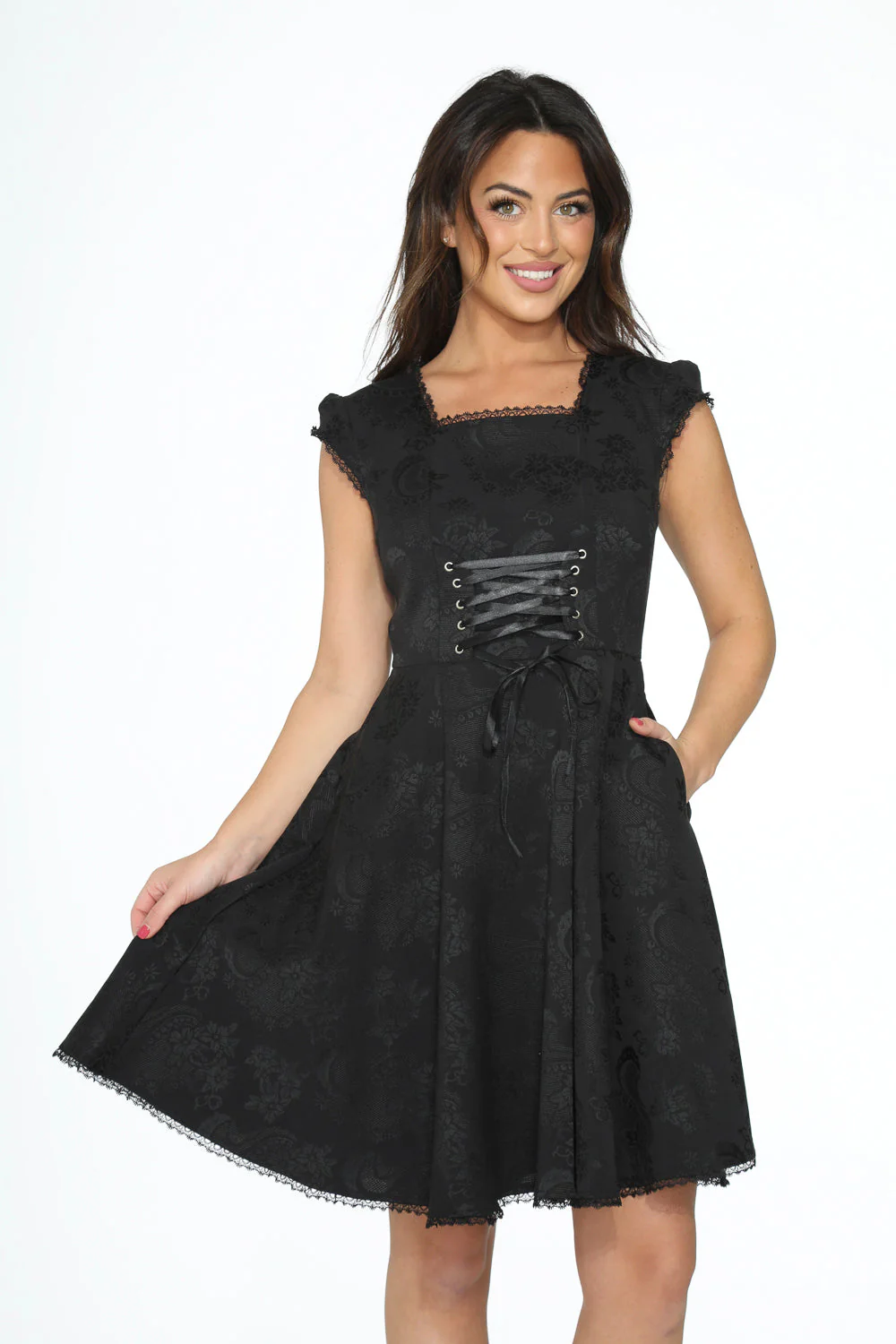 Black Brocade Gothic Swing Dress - Image 7