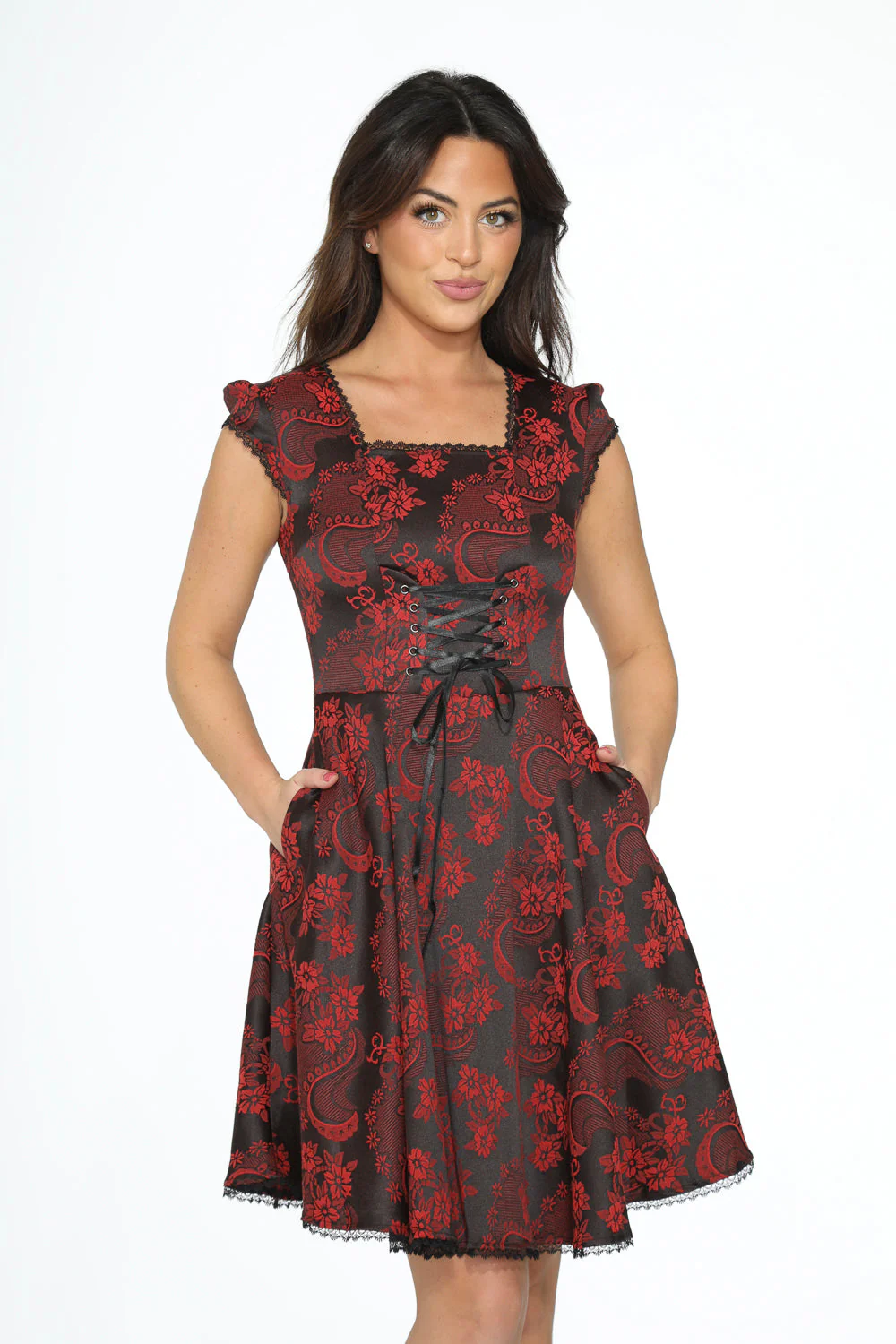 Red Brocade Gothic Swing Dress - Image 6
