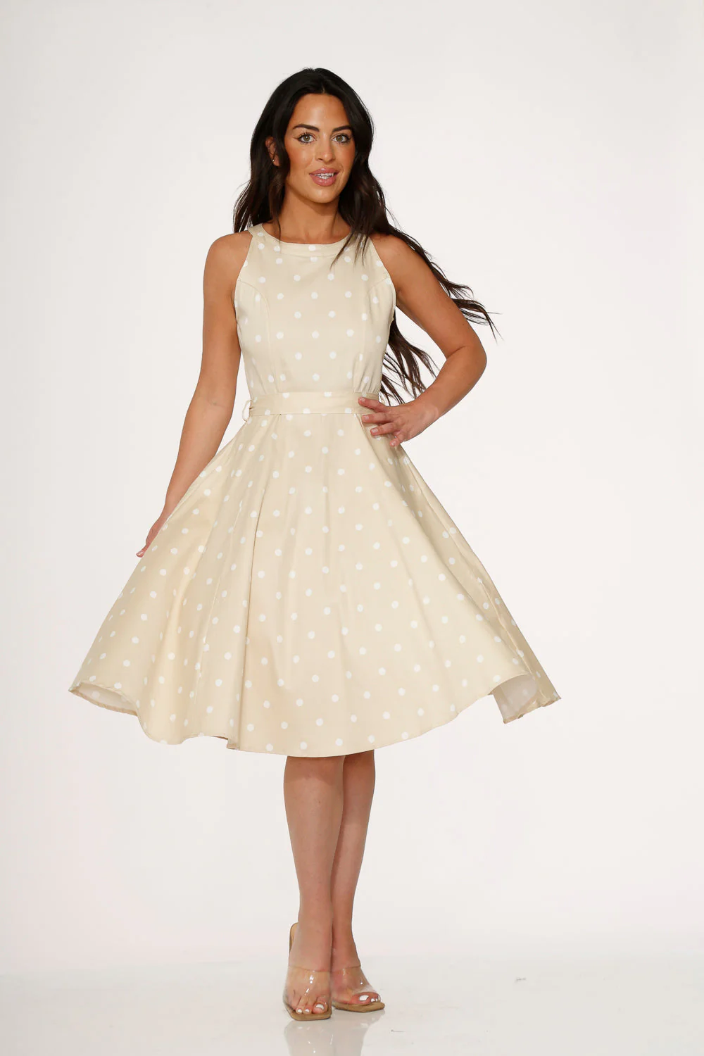 Beige & White Polka Dot Swing Dress - Image 6
