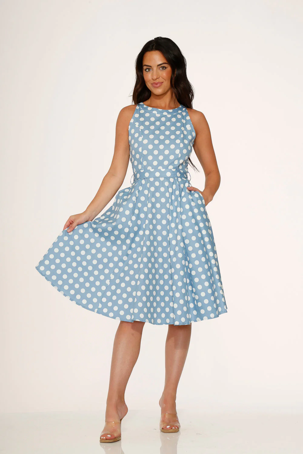 Light Blue & White Polka Dot Swing Dress - Image 4