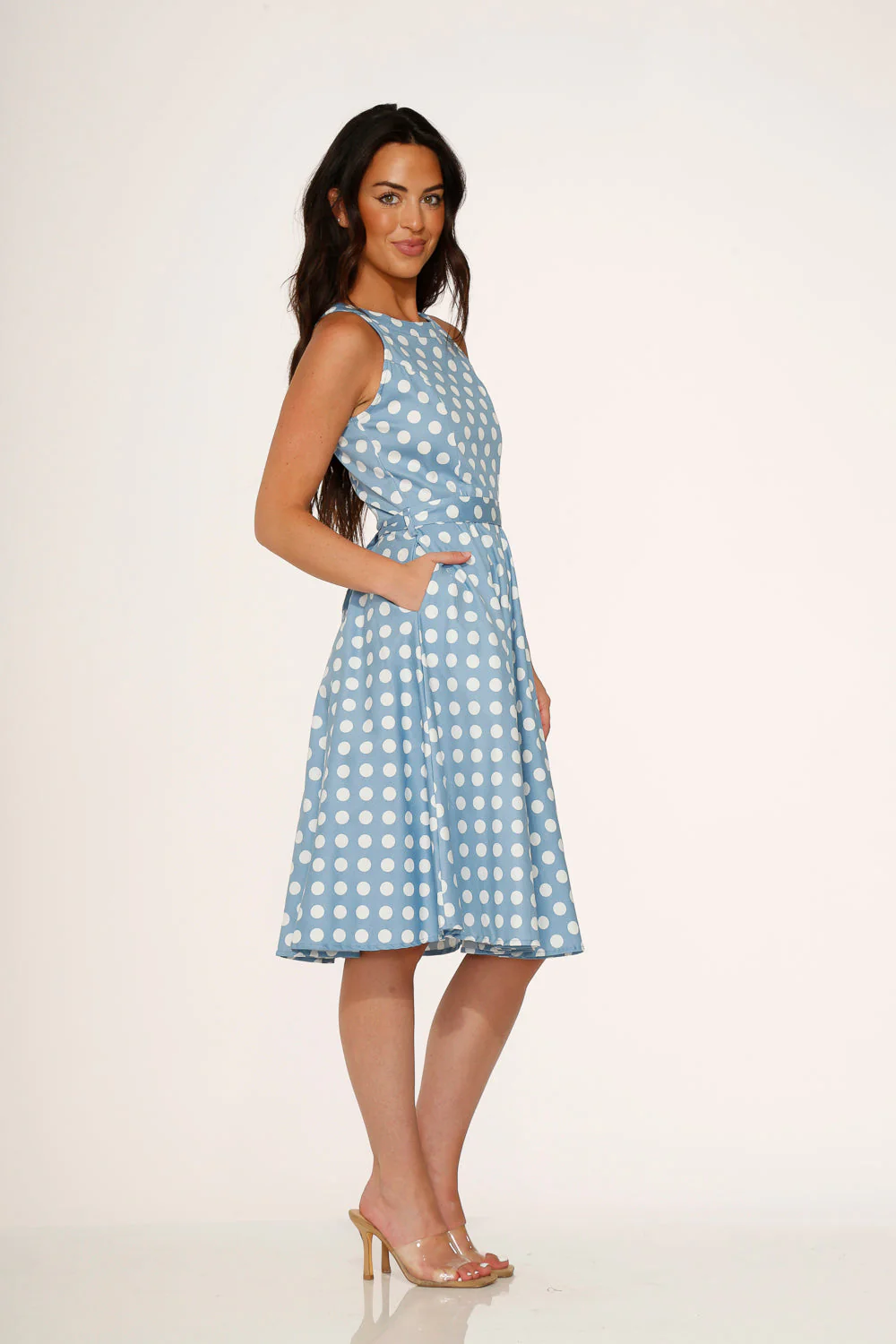 Light Blue & White Polka Dot Swing Dress - Image 5