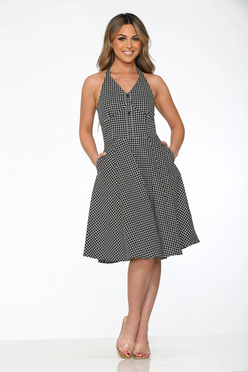 Black White Checkmate Halter Dress - Image 3
