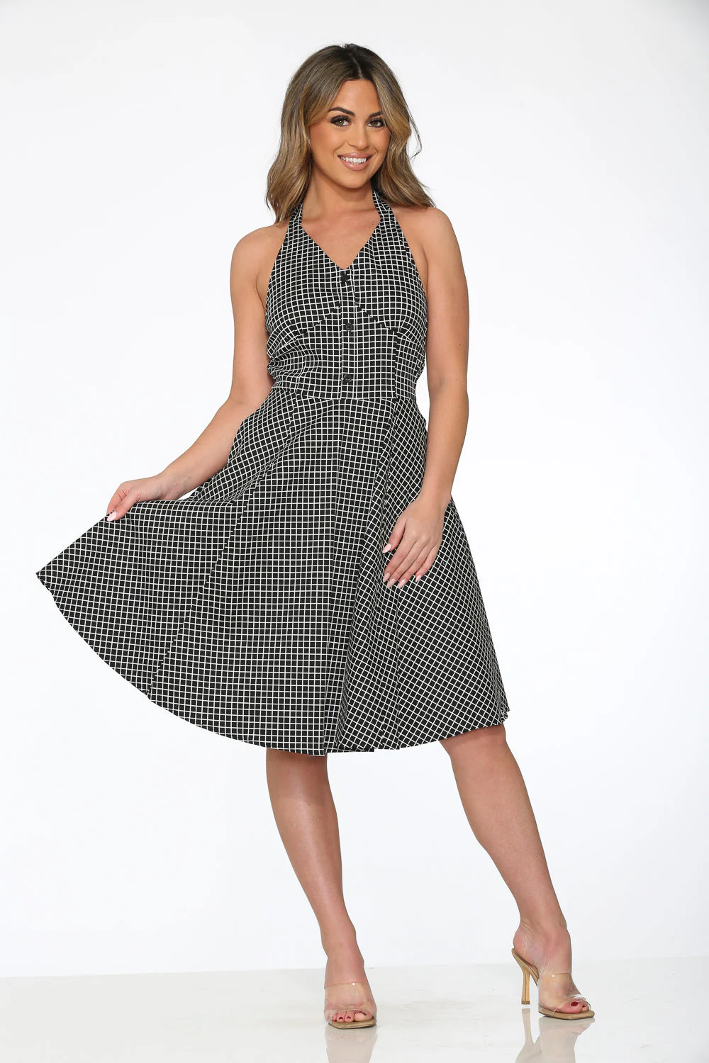 Black White Checkmate Halter Dress - Image 4