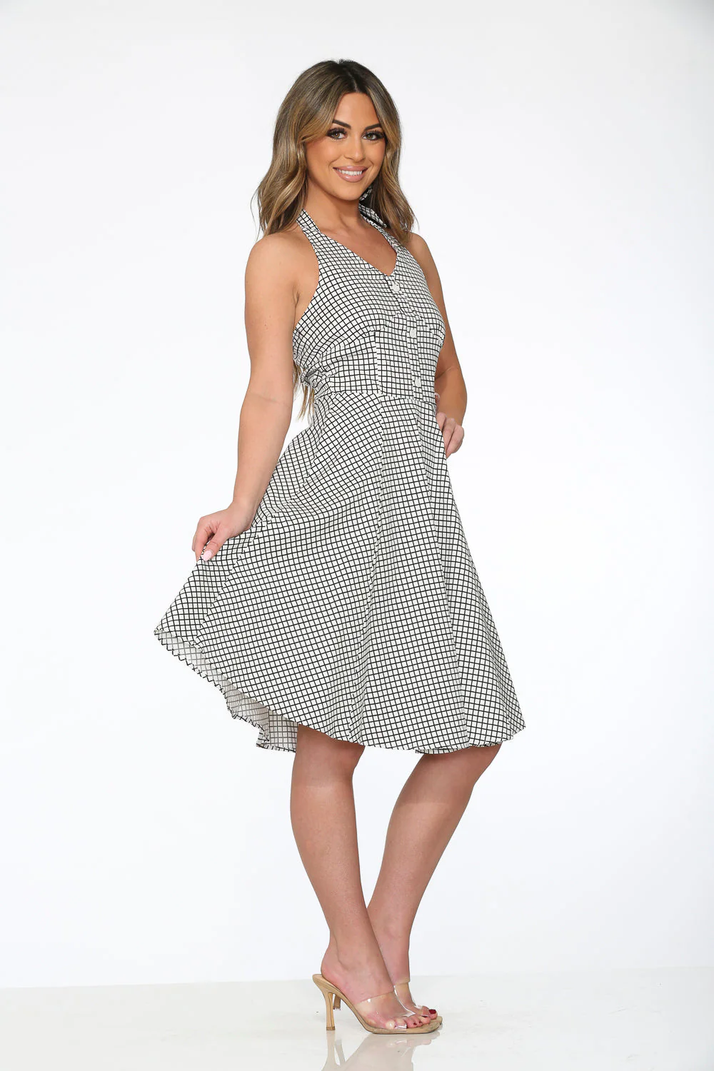 White & Black Checkmate Halter Swing Dress - Image 7
